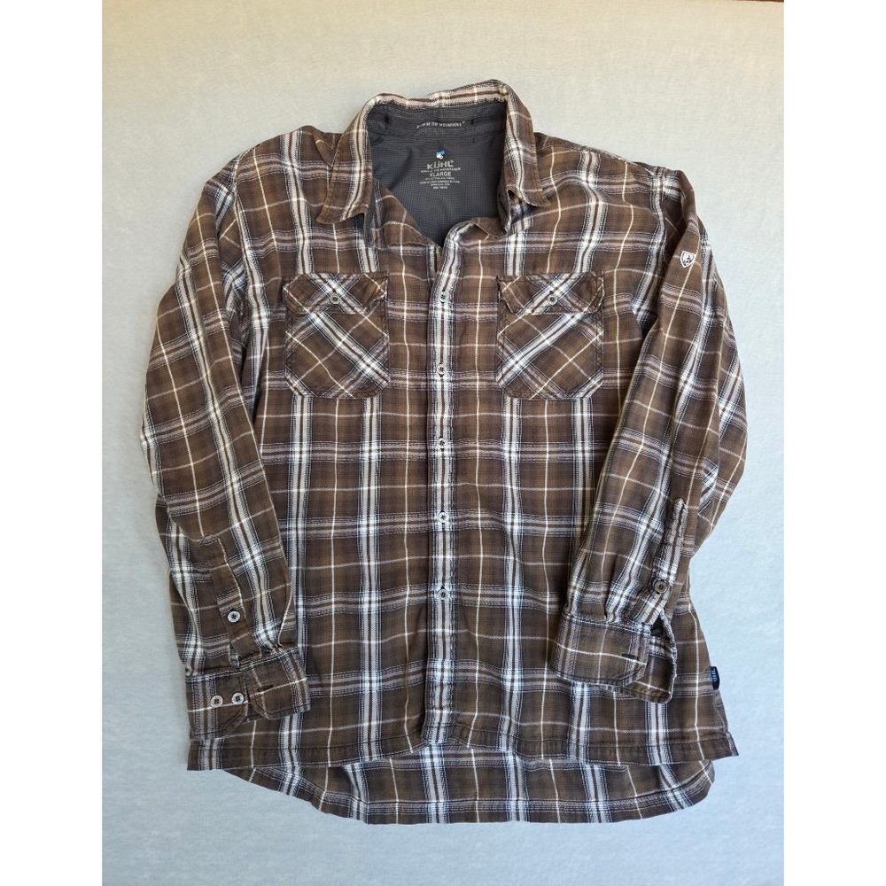 Kuhl Mens Flannel Shirt XL Brown Plaid Snap Button Gorpcore Outdoor Workwear